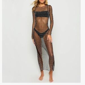 NWOT Mesh Pearl See Through Long Sleeve Sheer Rhinestone Beads